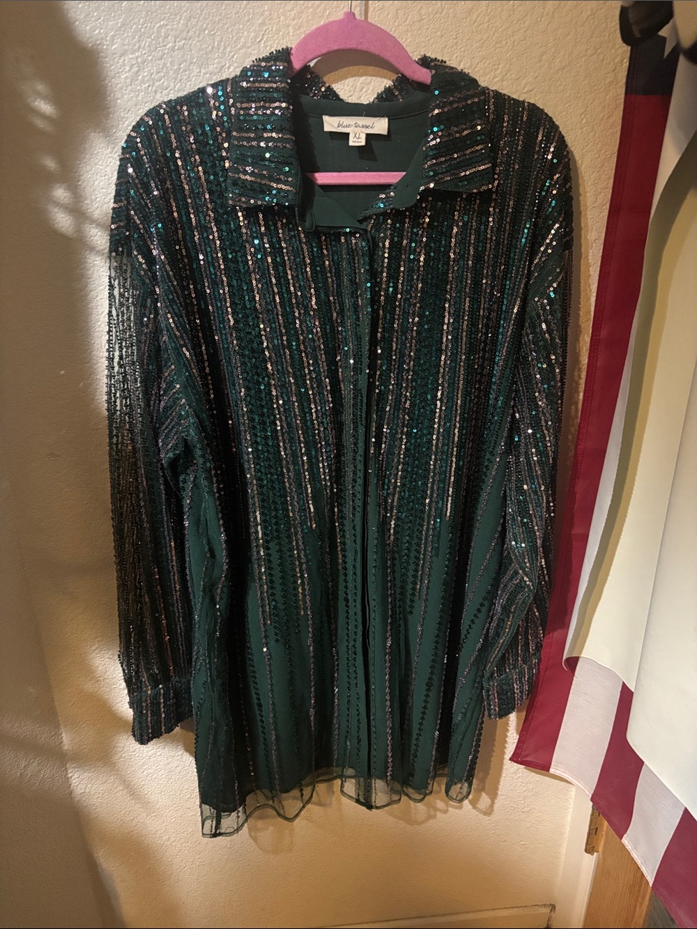 Velvet Heart Emerald Green Sequin Striped Button-Down Shirt